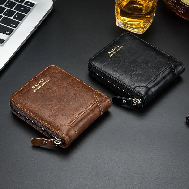 Men's Casual Leather Wallet Zipper Driver License Cover Simple Style Short Money Clip Multi-Function Card Holder