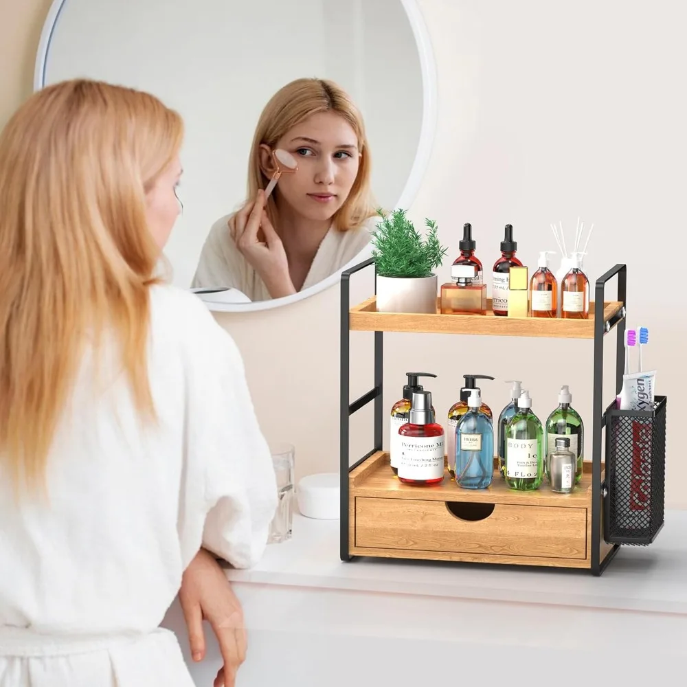 منظم حمام خشبي بطبقتين مع درج وسلال، تخزين متعدد الأغراض للمكياج والعناية بالبشرة #2