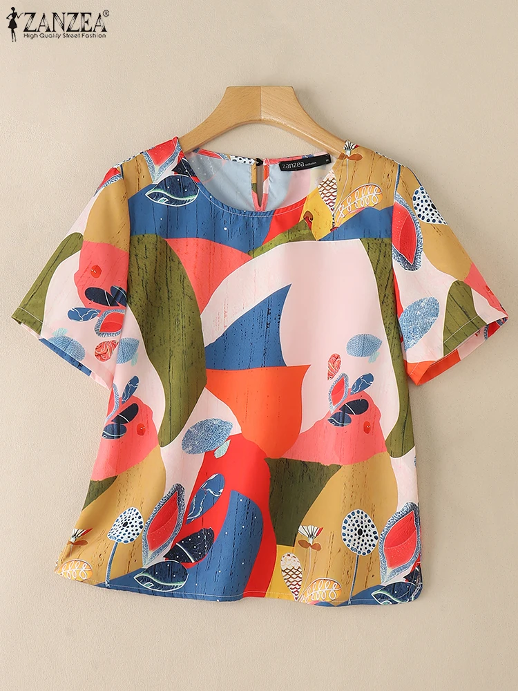 ZANZEA بلوزات نسائية عصرية مطبوعة بالورود 2025 صيفي غير رسمي برقبة دائرية وأكمام قصيرة Blusas Mujer ملابس نهارية خفيفة الوزن تونك
