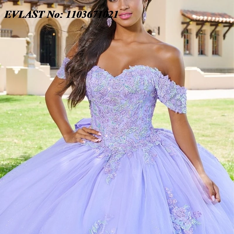 EVLAST-vestido De quinceañera De lavanda mexicana, vestido De baile con manga acampanada, Apliques De encaje, lazo con cuentas, dulce 16, Vestidos De XV 15 Anos SQ113