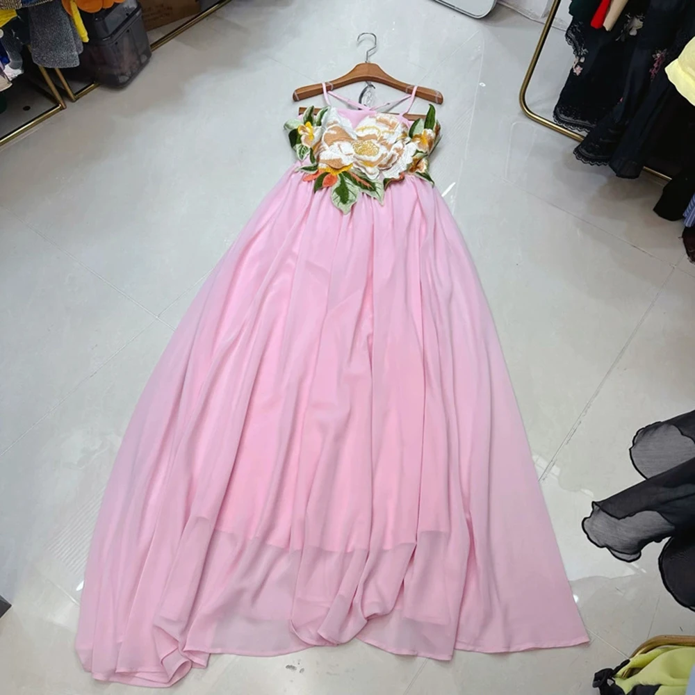 

European and American design heavy embroidery flower patchwork sling large backless cross beach long dress-GZXX330