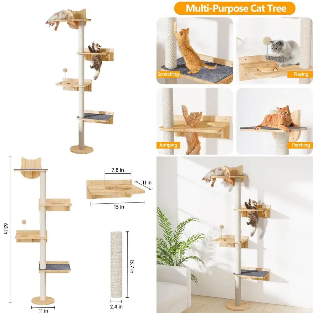 

63 Tall Wall-Mounted Cat Tree with Sisal Post, Non-Slip Carpets, and Interactive Track Toy for Medium to Large Cats