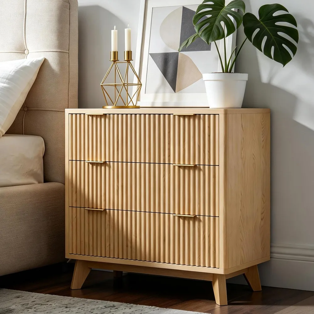 32” Tall Nightstands with Fast Charging Station, 32” Wide Fluted Night Stand with 3 Large Drawers, Modern End Table