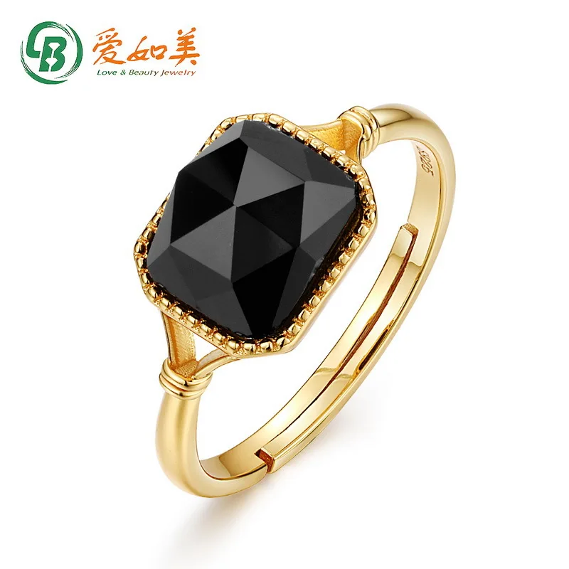 

Light Luxury Natural Black Agate Pure Silver Ring for Women, 18K Gold PT950 Platinum Silver Plated 7-layer Gold Open Ring