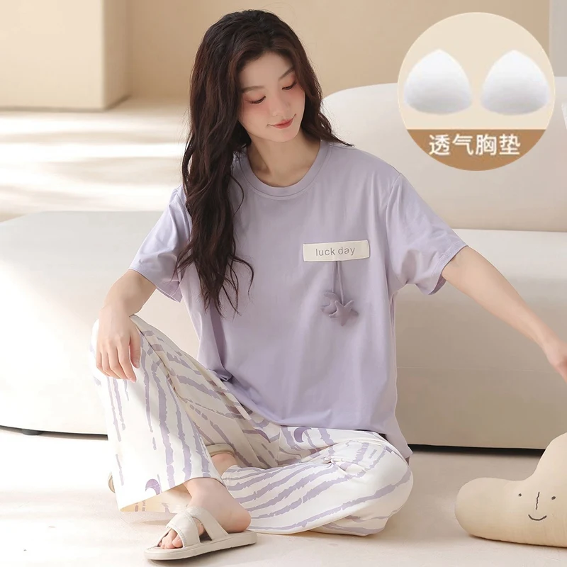 

2026 Summer Short Sleeve Long Pants 100% Cotton Pajama Set for Women Korean Loose Sleepwear Pyjama Homewear Pijama Mujer Clothes