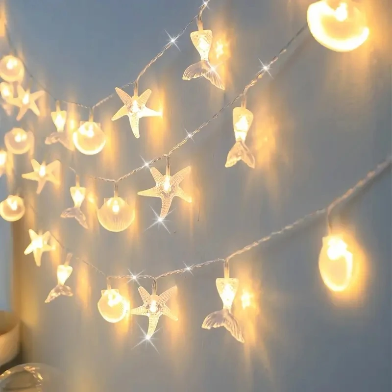 

10-LED Shell Starfish Mermaid Tail Light String, Plastic, Ocean-Themed Fairy Lights, Indoor/Outdoor Decorative Lighting For Home