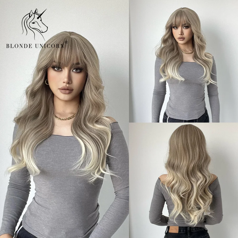 

BLONDE UNICORN Long Wavy Synthetic Hair Wigs Ombre Light Blonde with Bangs For Black White Women Heat Resistant Fiber Wig