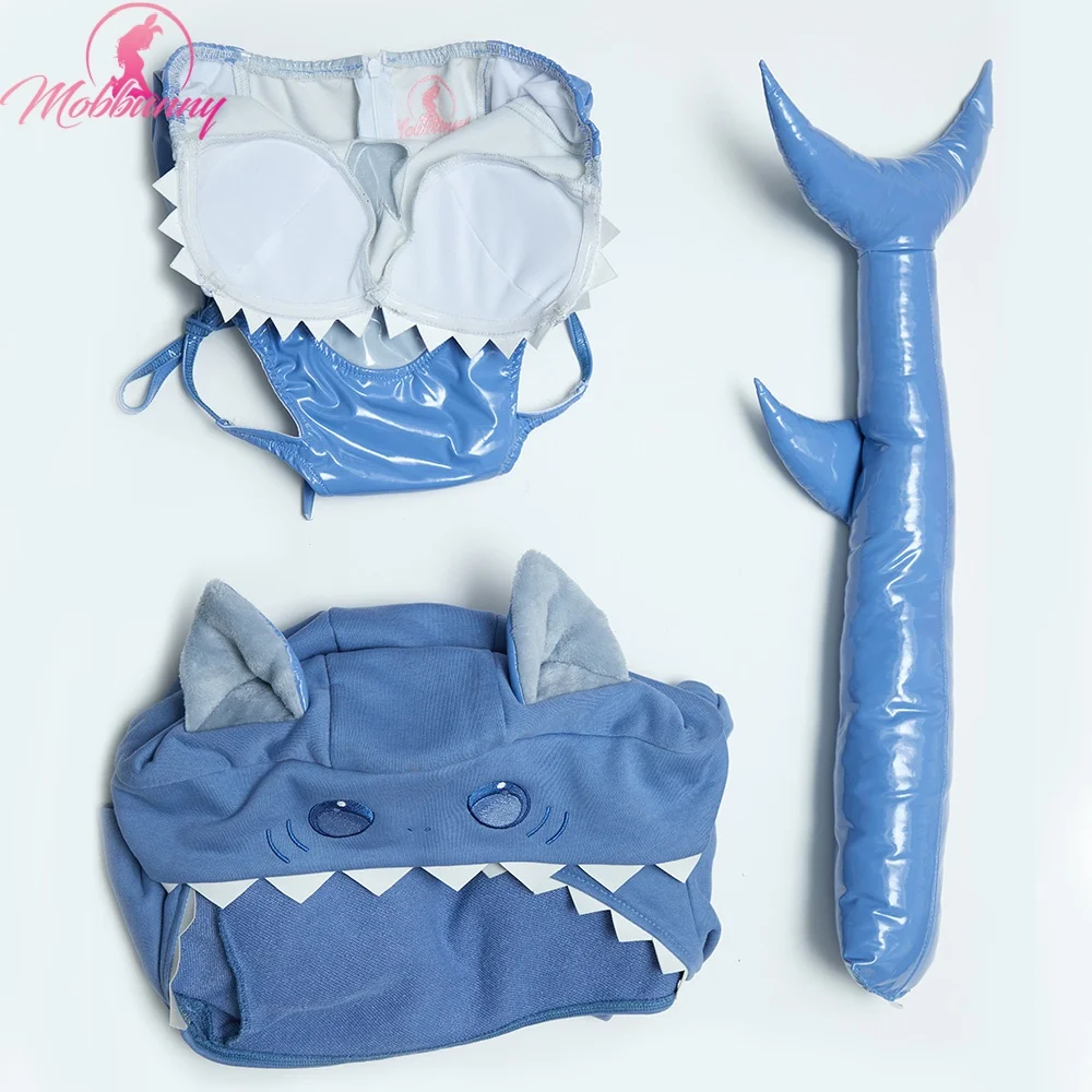 MOBBUNNY Dameslingerie Set Kawaii Cat Shark Uitsparing Body met Crop Hoodie en Staart Cosplay Kostuum