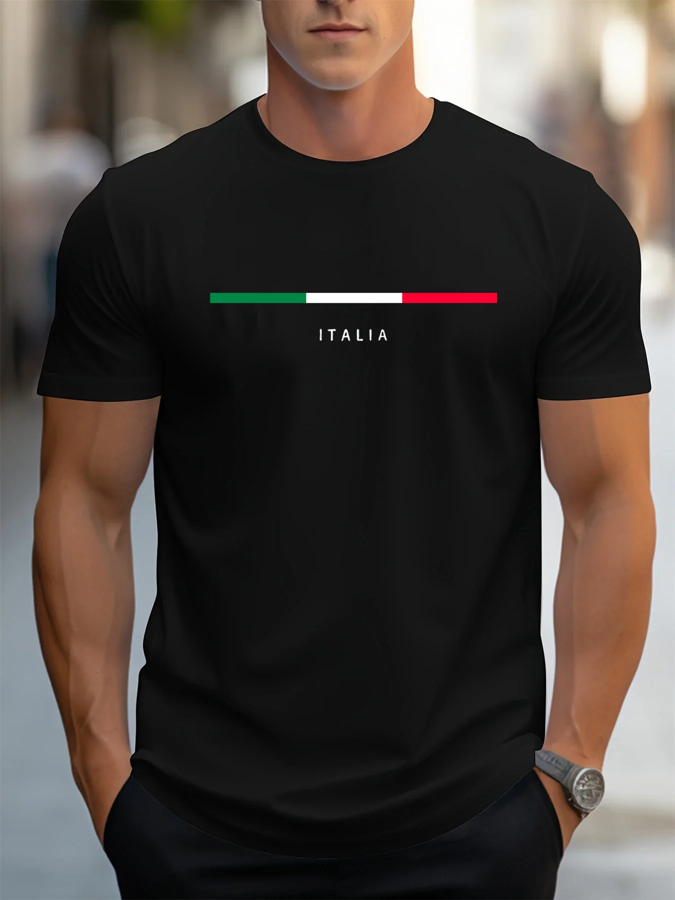 

Men's summer casual and fashionable Italian letter printed loose T-shirt, round-neck sport T-shirt, 100% pure cotton breathable