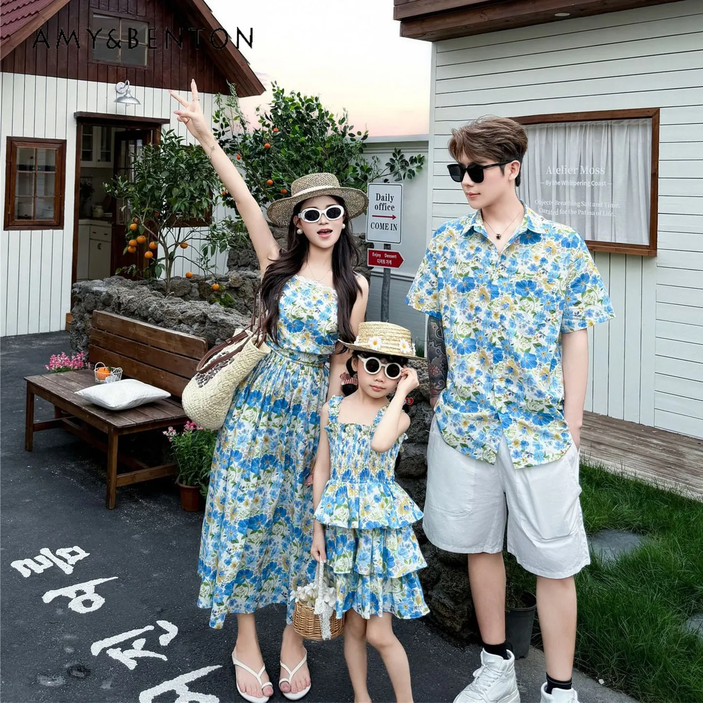 

2026 Summer New Fashion Beach Vacation Travel Family Matching Outfits Pure Cotton Breathable Floral Print Dress and Shirt Set