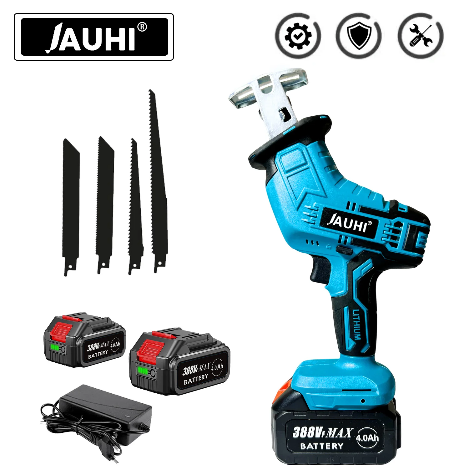 JAUHI 18V Reciprocating Saw Cordless Chainsaw Wood Metal PVC Pipe Cutting Tools With 4 Blades Power Tool For Makita Battery