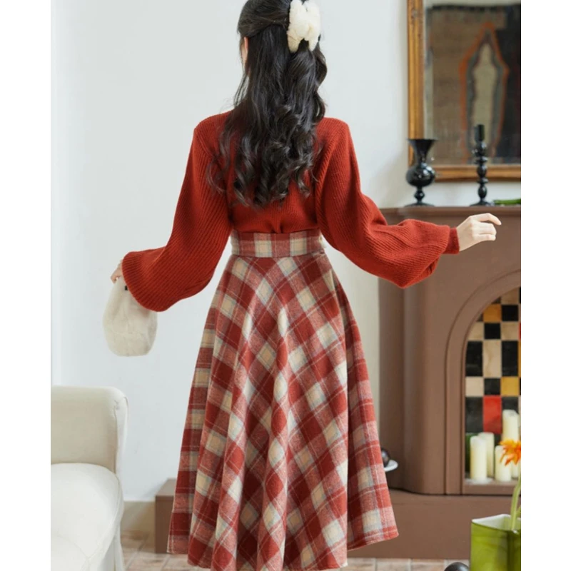 Autumn Winter Women Matching Sets Lucky Red Halter V-Neck Sweater Plaid Skirts Two Piece Suit England Style Vintage Slim Outfits