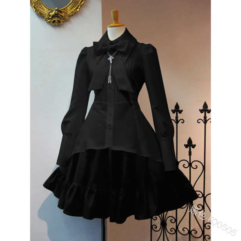 

2025 Summer Elegant Party Black Gothic Women Lolita Dresses Big Size Bow Collar Pleated Lace Up Goth Vintage White Chic Jurken