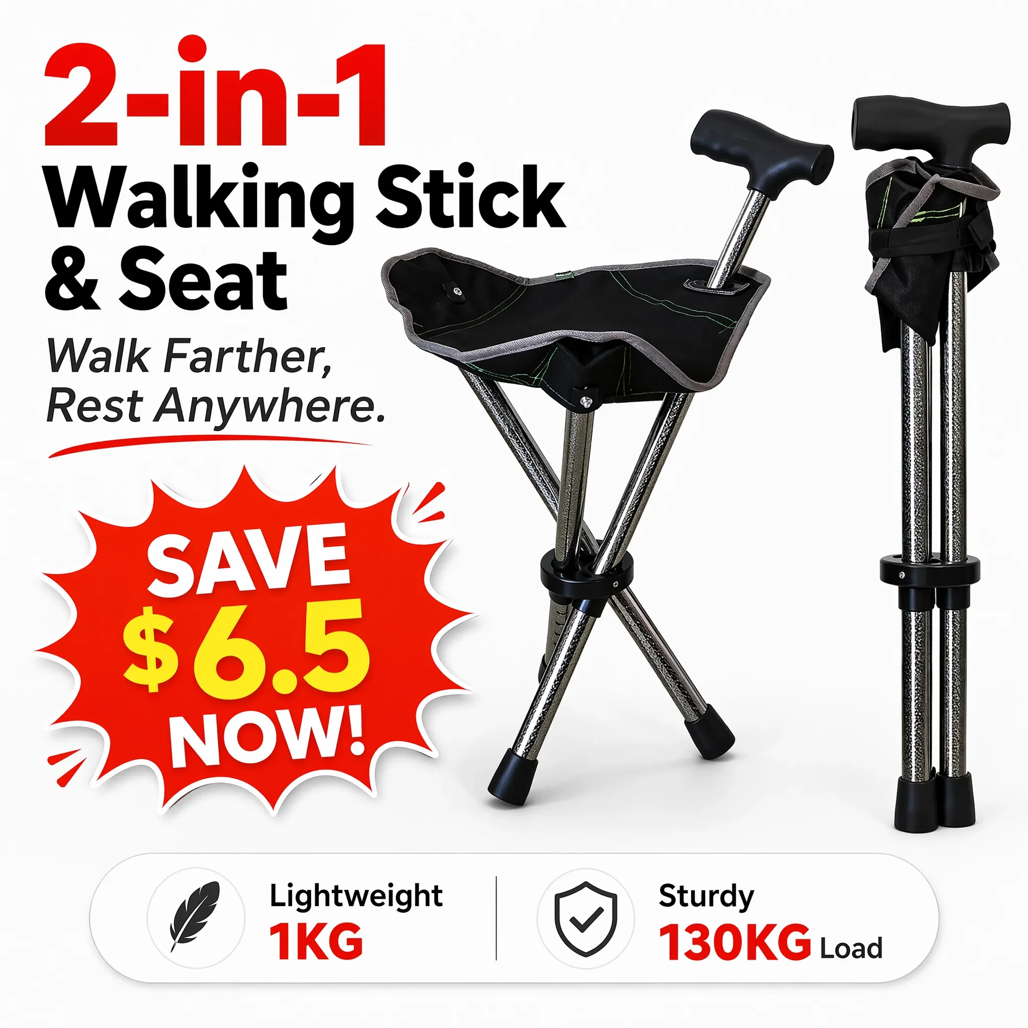 

Folding Cane Seat 2-in-1 Walking Stick Stainless Steel Adjustable Height Tripod Stool Elderly Hiking Travel Outdoor Rest Chair