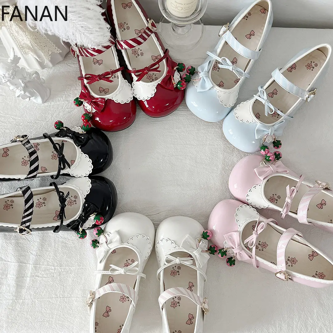 

Low Heels Pumps Women's Shoes Bow Bells Lolita Flats Round Head Leather Platform Pink Sandals Summer Original