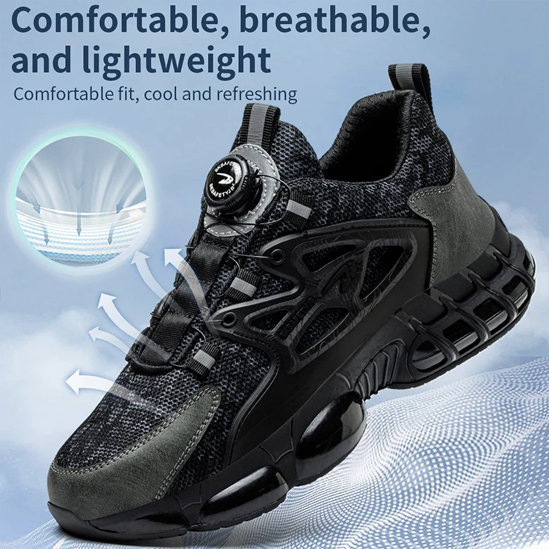 Rotating Button Safety Shoes Men's Lightweight Air Cushion Sneakers Steel Toe Cap Anti-Smash Anti-puncture Work Safety Shoes