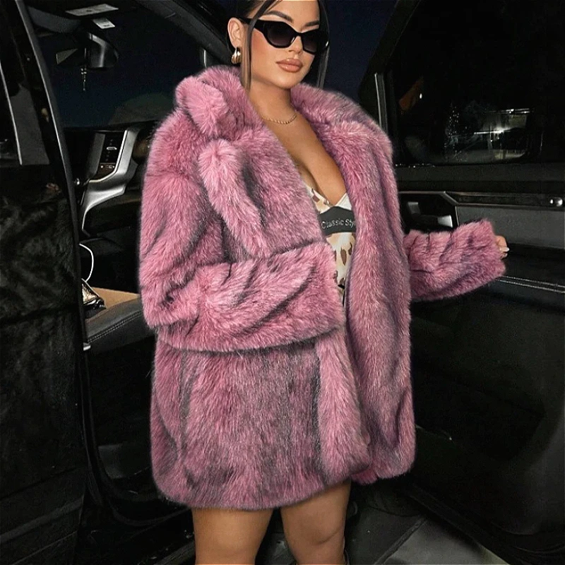 Faux Fur Fox Coats Jackets Women Turn Down Collar Mid Length Coat Thick Warm Y2k Streetwear Jacket Elegant Work Autumn Winter