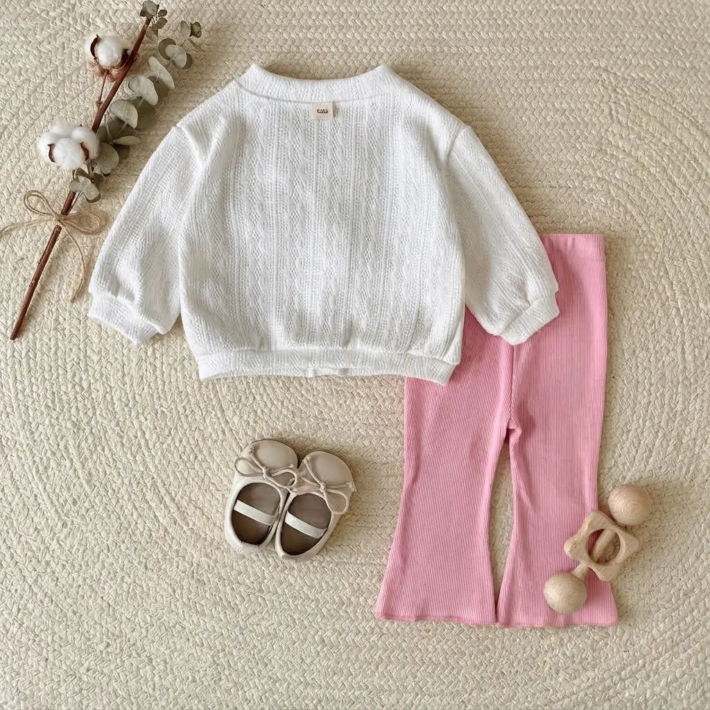 Baby Girls 2Pcs Outfit Spring Knit Cardigan with 3D Flower Applique + Pink Flare Pants Toddler Cute Clothing Set 3