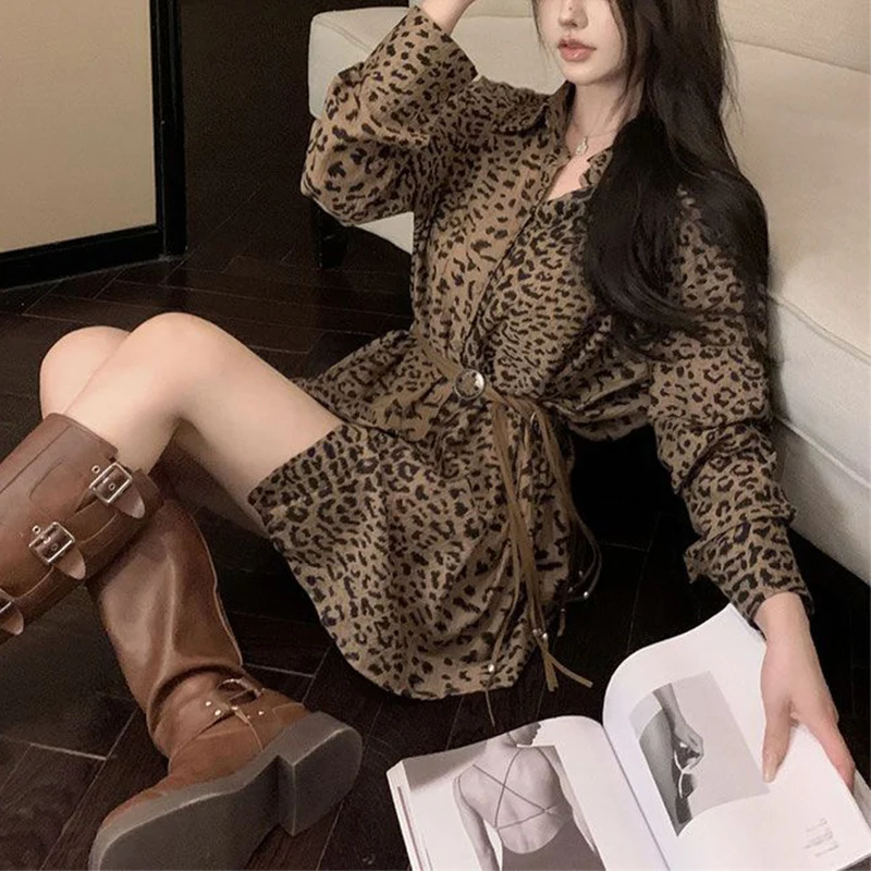 Primavera autunno Vintage stampa leopardo cintura vita Mini Vestido femminile manica lunga moda Casual camicia vestito donna bottoni Robe