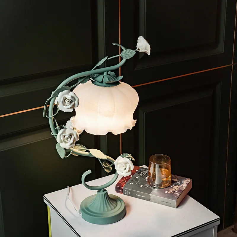 Ins Style Floral Bedside Table Lamp, American Countryside Glass LED Lamp, Warm Romantic Bedroom Home Decor