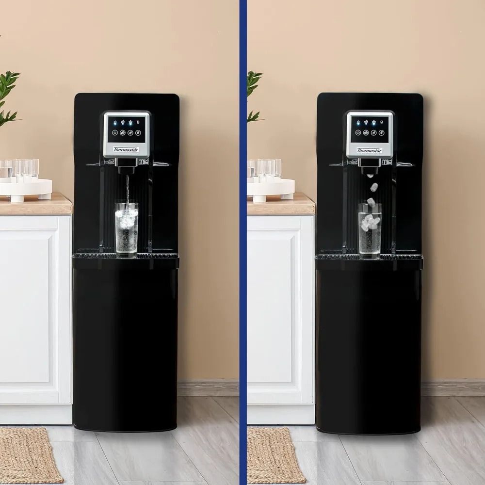 Dispenser air dan es otomatis, mesin es pembuat sendiri dan pendingin air, teko air beban bawah, desain 2-IN-1, HITAM