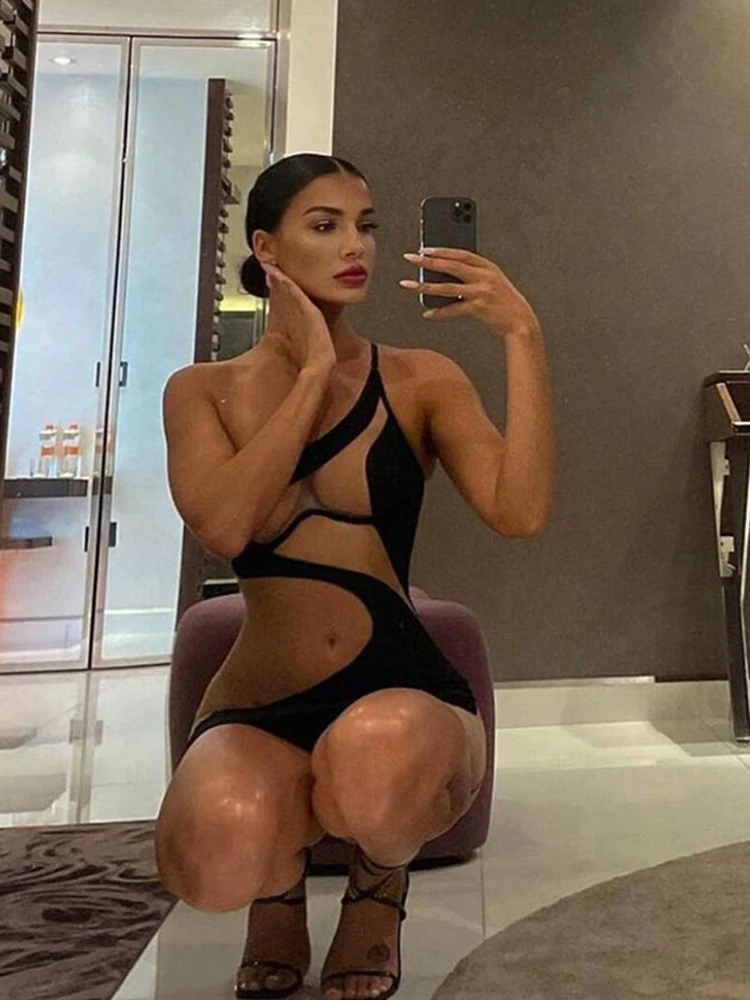 Cryptographic Sexy Backless Cut Out Mesh See Through Mini Dress Women Summer Party Club Straps Dresses Outfits Clothes Vestido