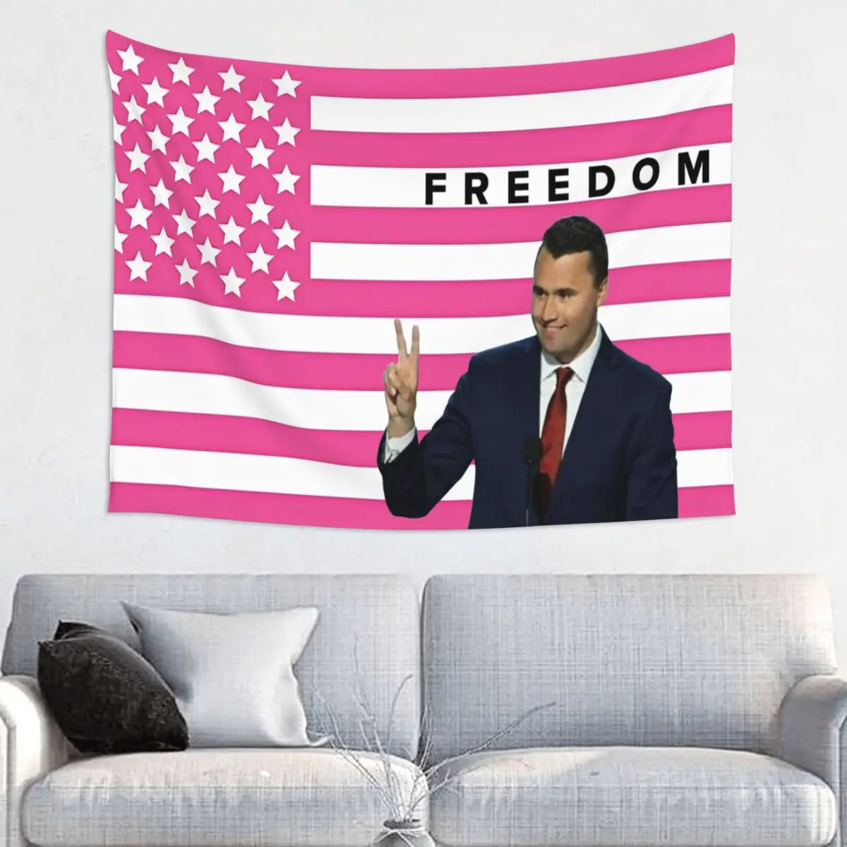 Pink American Flag Charlie Kirk Tapestry Wall Hanging Printed Polyester Tapestry INS Throw Rug Blanket Dorm Decor 95x73cm