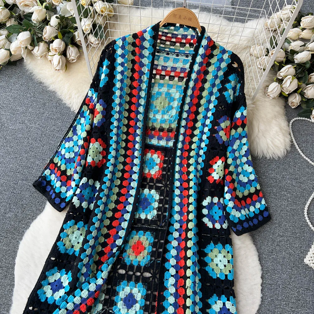 Spring Fall Vintage Bohemian Floral Jacquard Crocheted Cardigan Hollow Flowers Hooked Knitted Sweater Coat Long Sleeve Cape Tops