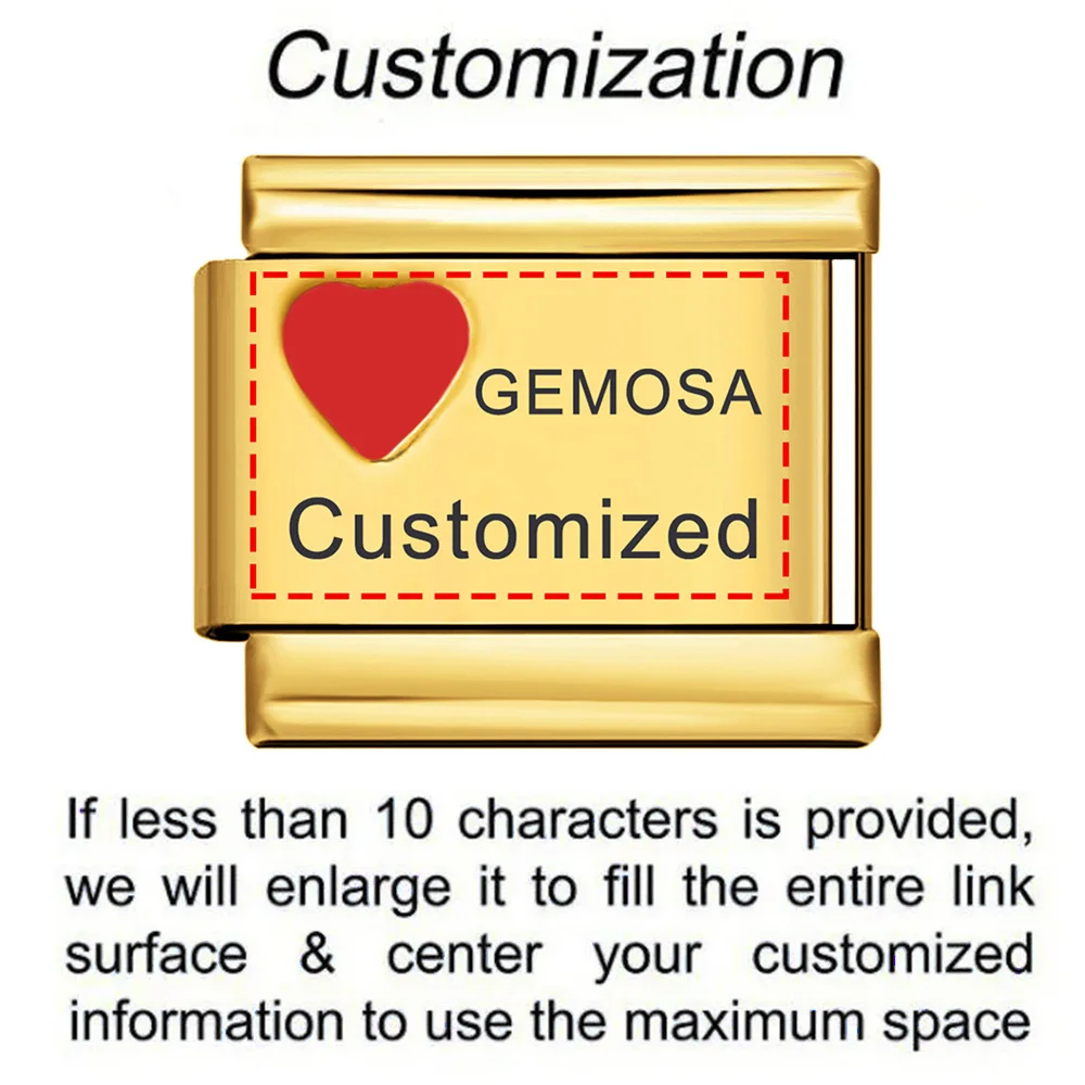 GEMOSA 1pc Red Pink Heart Personalization Laser Customized Italian Charm Link Fit 9mm Stainless Steel Bracelet DIY Making Beads