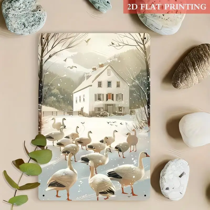 2D Flat Printed Snowy Farmhouse & Geese Metal Tin Sign - Rustic Winter Countryside Design, Iron Wall Art for Home/Farmhouse/Wint