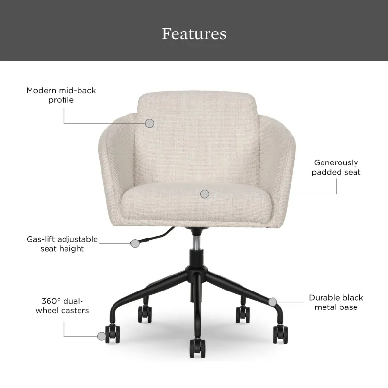 Juliet Office Chair, Ivory Boucle and Matte Black，solid wood ，360-degree dual-wheel，mobilit24.25 x 26.00 x 31.75