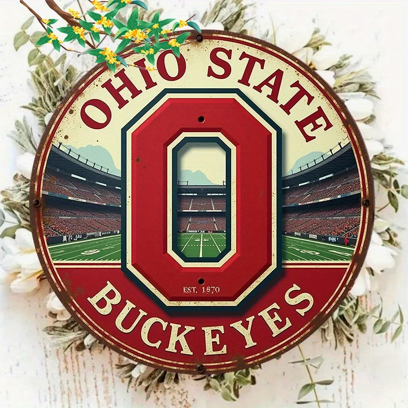موضوع شعار ولاية أوهايو Buckeyes، لافتة حديدية مستديرة معدنية مسطحة ثنائية الأبعاد - غرفة معيشة فريدة من نوعها، عائلة، حديقة، فناء، ديكور جدار البار