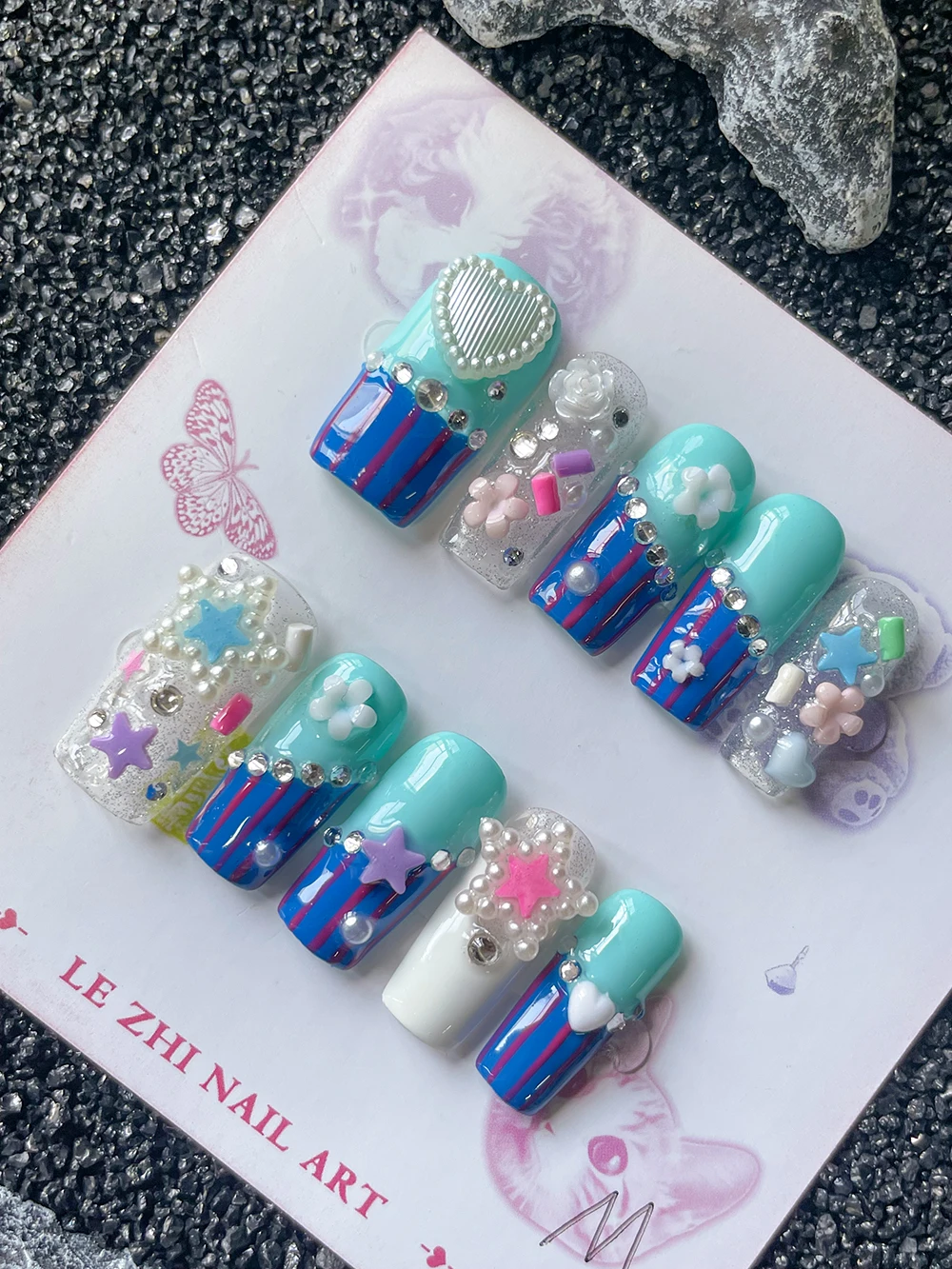 

2026 Summer Sea Blue Square Shape Press On Nails Art Colored Stars Flower Stripes Pearl Handmade Fake Nails Holiday Gifts