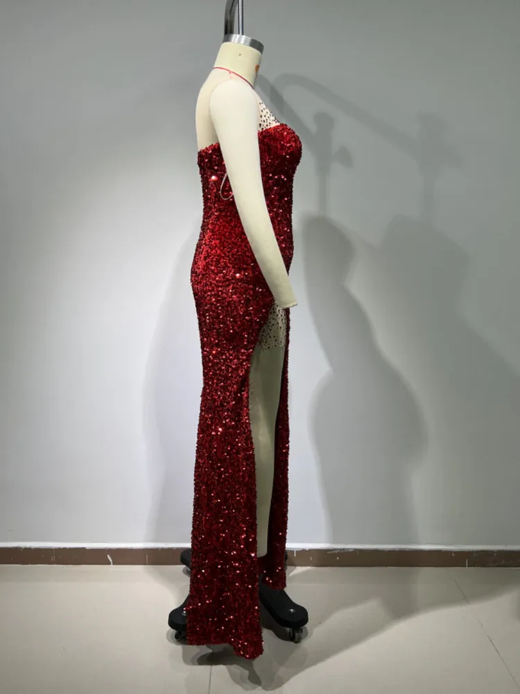 2024 New Arrival Red Color Women Sleeveless Sexy O-Neck Bodycon Long Dress Shinning Sequins Wedding Mermaid Party Dress