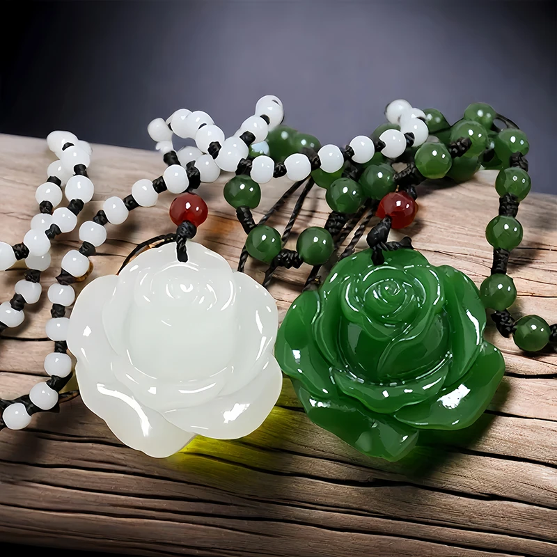 

Real Jade Rose Pendant Necklace Charm Vintage Luxury Natural Gift Chinese Gemstone Men Carved Jewelry Fashion Talismans