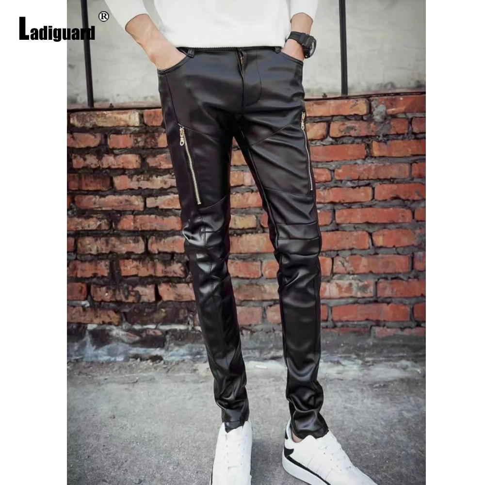 

2025 Men's PU Leather Pants Sexy Night Club Dance Pencil Pants Mens Fashion Glossy Faux Leather Slim Motorcycle Trousers New