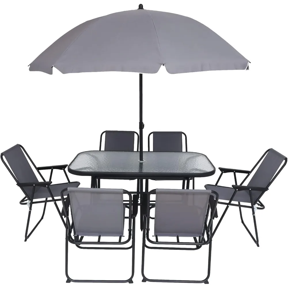 

Garden Patio Furniture Set, 8-Piece Outdoor Dining Set with Tilted Removable Umbrella, 6 Folding Chairs, and 1 Glass Table