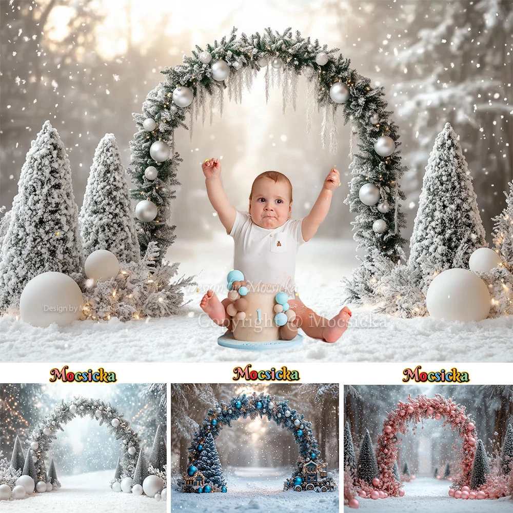 

Christmas Arch Door Photography Background for Baby Shower Snowy Xmas Forest Balloon Silver Backdrop Winter Boy Girl Cake Smash