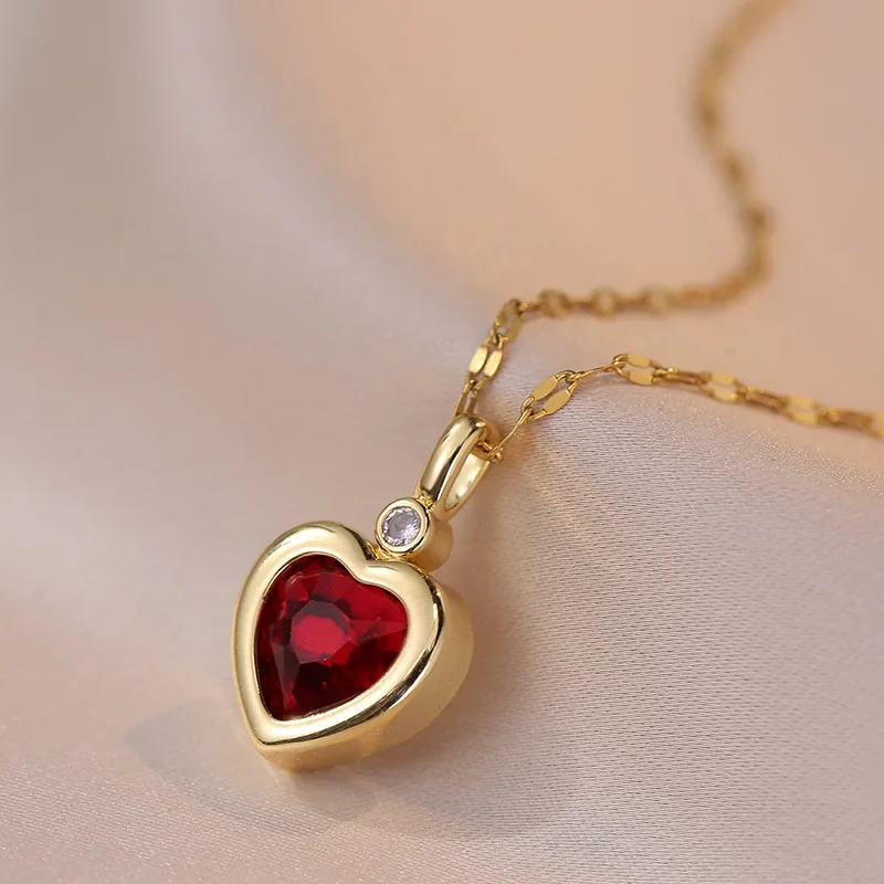 Colorful Zircon Love Heart Pendant Necklaces for Women Girls Stainless Steel Chain Trendy Romantic Jewelry Accessories Gifts
