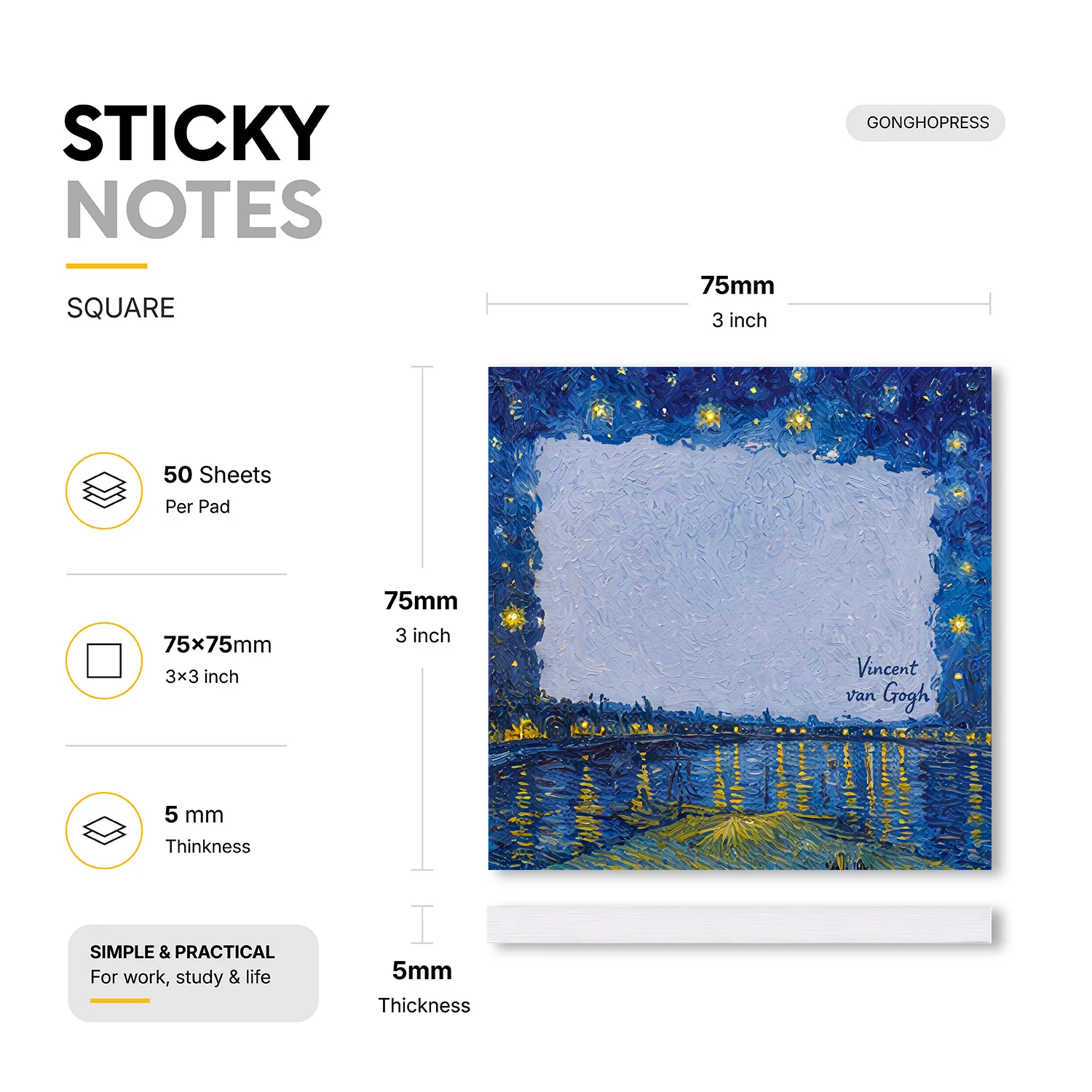2 Pcs 100 Sheets Total Van Gogh Inspired Starry Lake Sticky Notes, Night Sky Oil Painting Memo Pads, Artistic Self-Adhesive