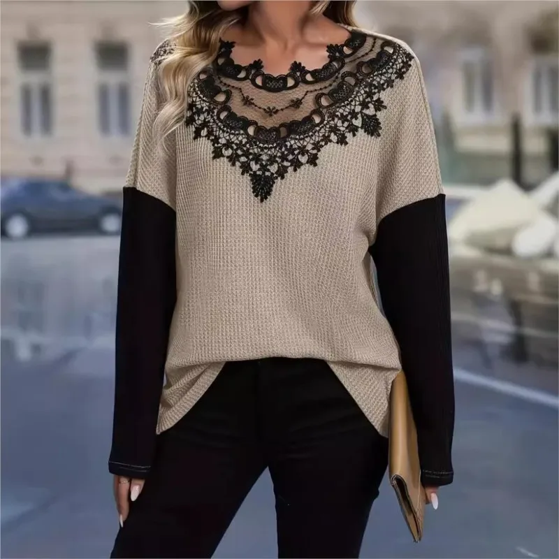 

Lace Splicing Color Block T-Shirt Elegant Crew Neck Long Sleeve Loose T-Shirt For 2025 Spring & Fall New Women's Clothing