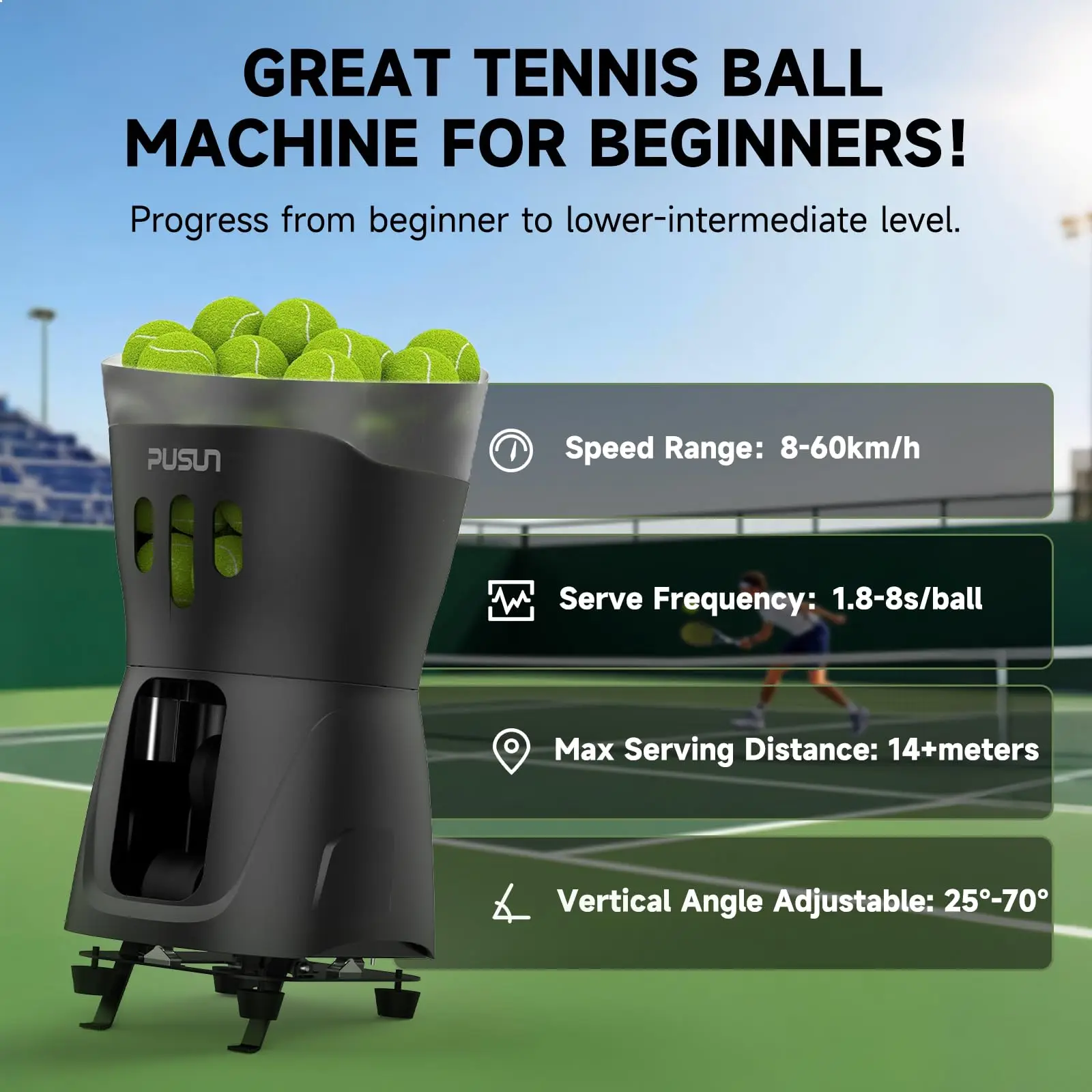 Automatic Tennis Ball Machine 65+ Capacity Entry Level Training Robot with Adjustable Serving Angle Portable Practice Gear