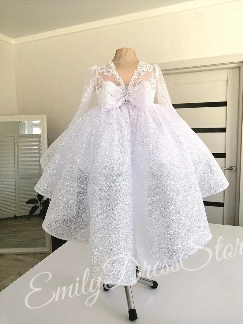 Robe à fleurs Champagne personnalisée pour filles, pour mariage, couches de paillettes brillantes en Tulle avec nœud, robe de fête d'anniversaire pour enfants