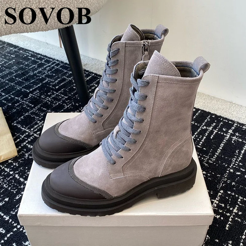 

Spring Autumn Lace Up Zipper Bead Decoration Thick Soled Short Boots Women Round Toe British Style Denim Work Boots Ankle Boots