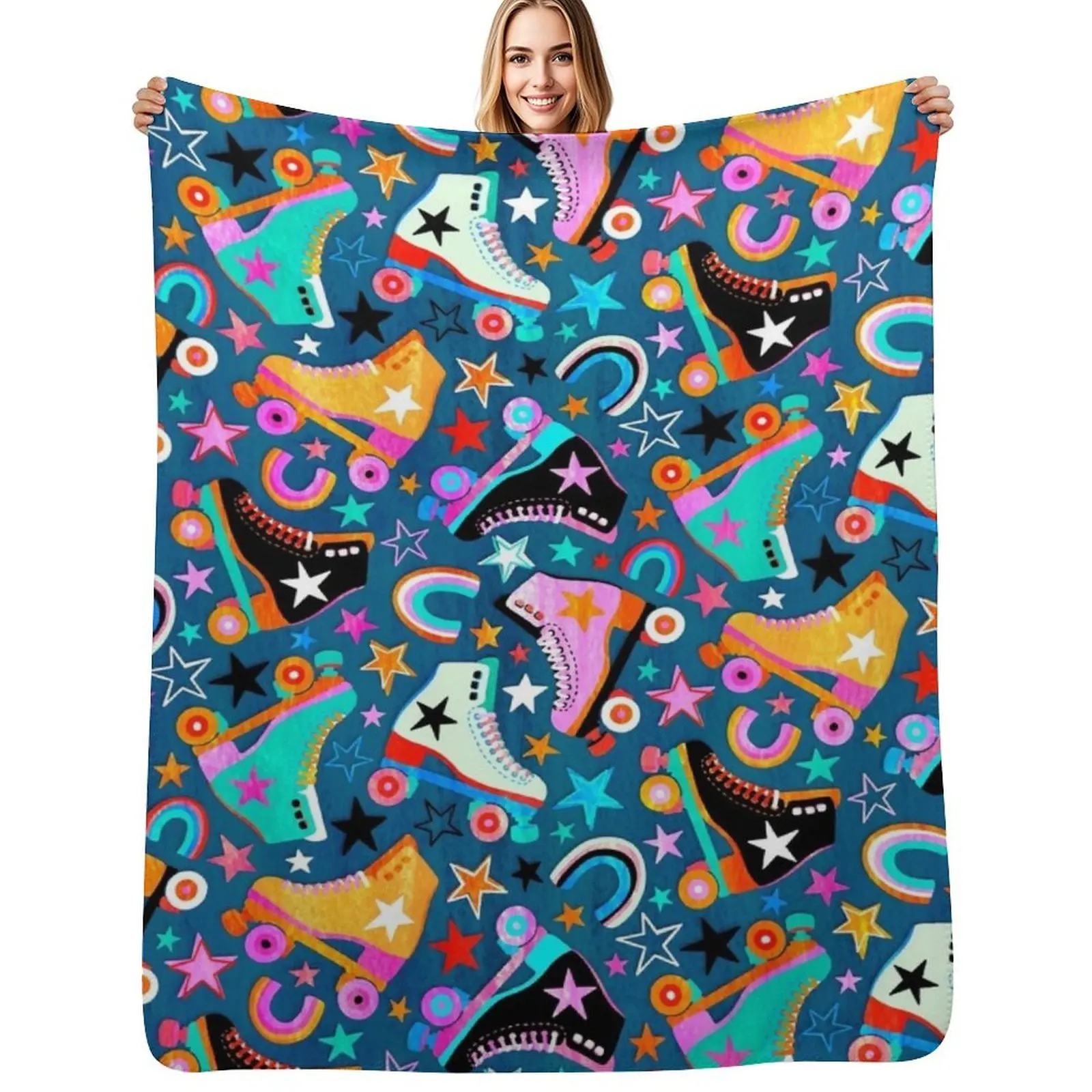 Retro Rainbow Roller Skates and Stars Throw Blanket Luxury Thicken Camping Sofa Throw manga Multi-Purpose Blankets