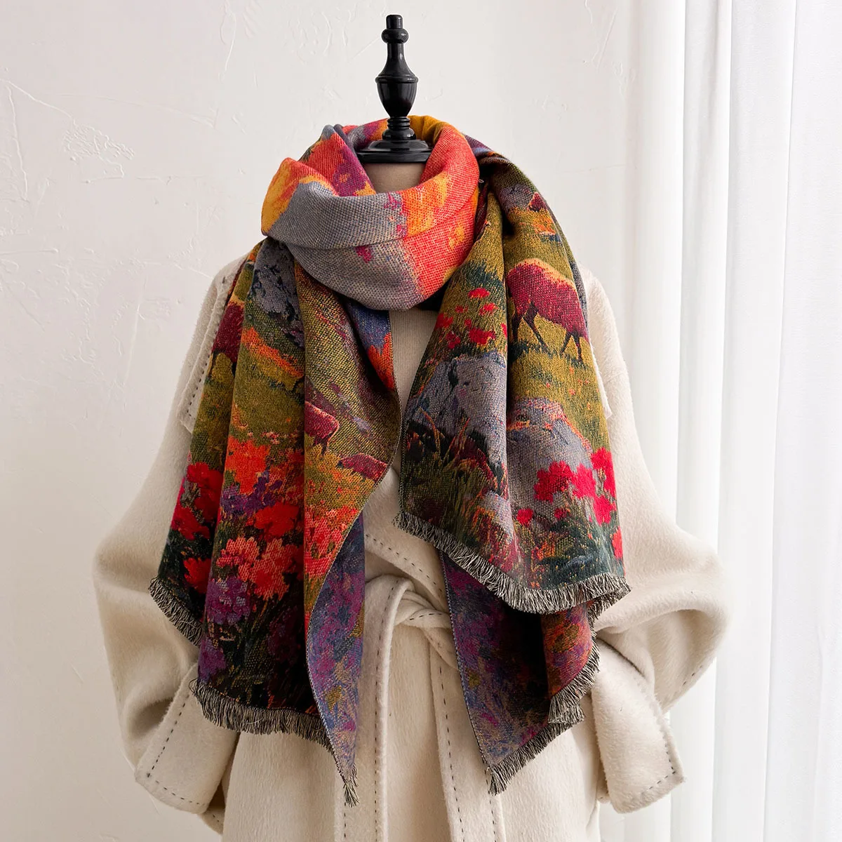 2026 Fall Winter Vintage Pasture Sheep Oil Painting Imitation Cashmere Scarf Women Versatile Tassel Shawl Wrap Orange Red Soft