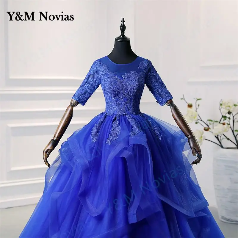 Y&M Novias New Fashion Plus Size Blue Wedding Dresses Half Sleeve Sweet and ruffles in a few rows Bridal Gowns White Ivory Lace