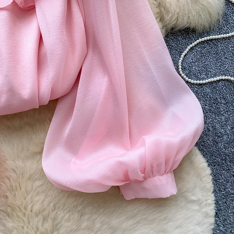 French Lantern Sleeve Lace Patchwork Shirt for Women in Spring Autumn Oversized with Ruffled Edges Loose Pink Bloouse Top W116 view 5