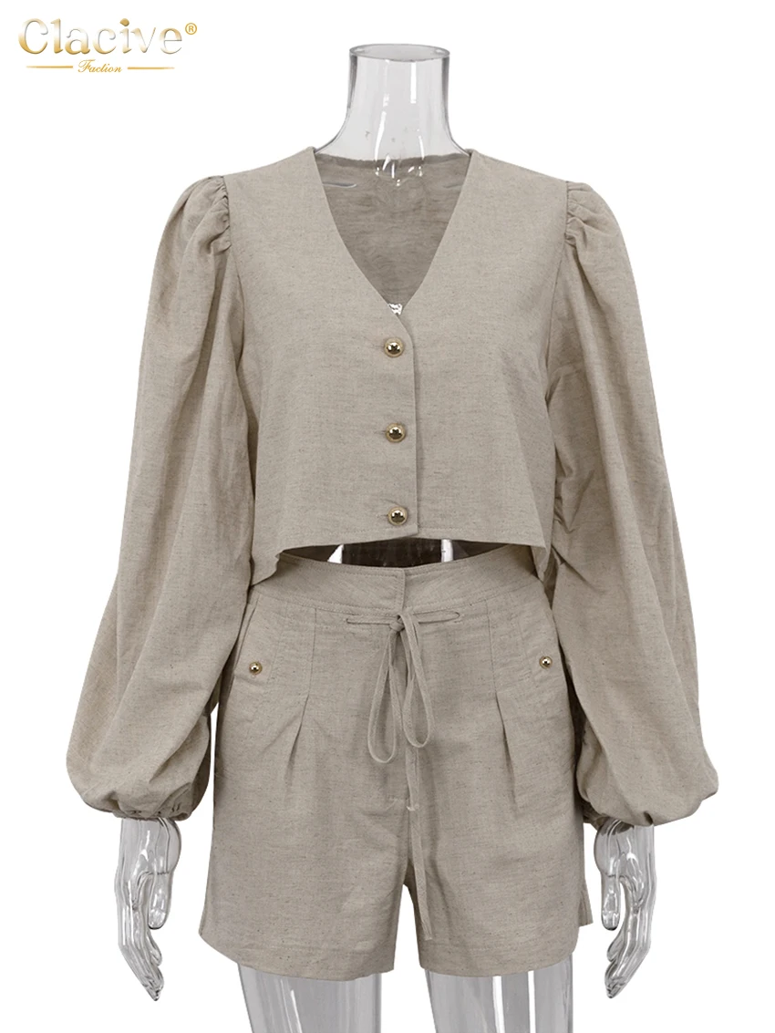 Clacive Casaul Loose Khaki Linen 2 Piece Sets Women Outfit 2024 Fashion Long Sleeve Shirt With High Waist Shorts Set Female