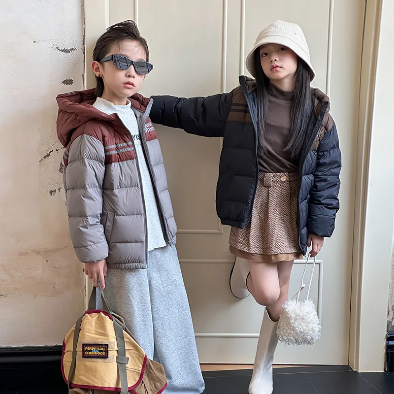

4-14Y Boys Autumn Winter Light Down Jacket Color Contrast Letter Printed Kid Girls Outerwear Hooded Warm Children Girls Overcoat